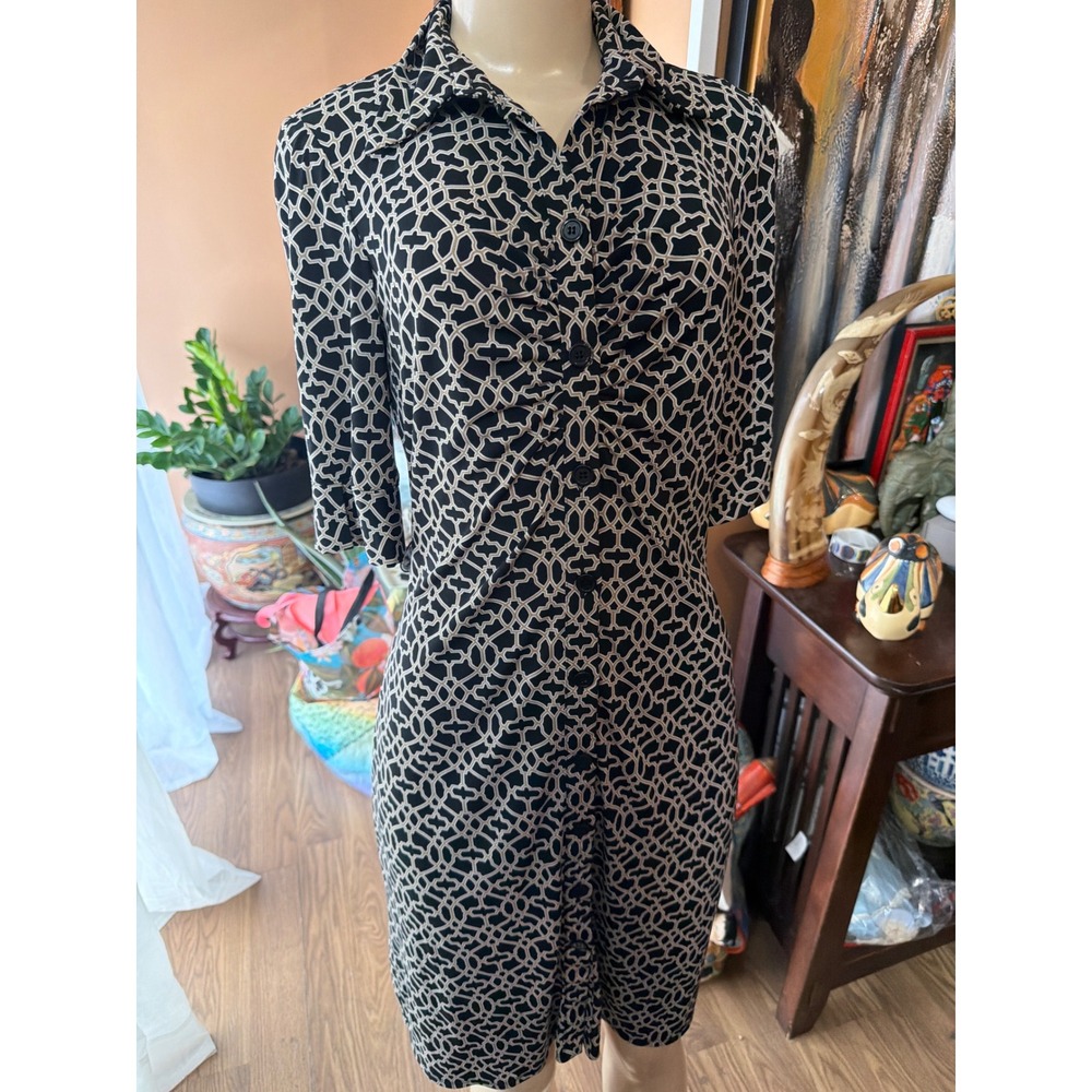 Laundry by Shelli Segal Geometric Lattice Button Front Shirt Dress Black Beige 6